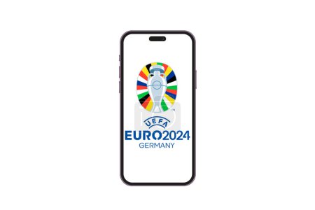 KIEW, UKRAINE - 16. Mai 2024: Telefon mit Euro 2024-Logo und weißem Bildschirm auf Hintergrund, PNG