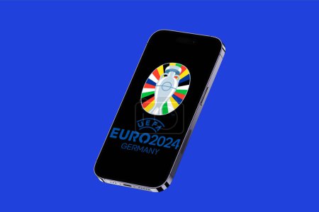 KYIV, UCRANIA - 16 DE MAYO DE 2024: Diseño con smartphone para UEFA Euro 2024 en Alemania, Copa de fútbol, verano de fútbol