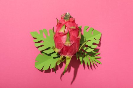 One whole dragon fruit and paper tropical leaves on pink background, top view