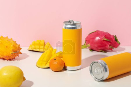 Tropical fruit and tin cans on light pink background