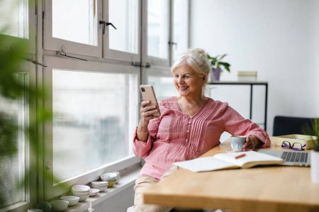 Téléchargez les photos : Femme âgée souriante utilisant un smartphone - en image libre de droit