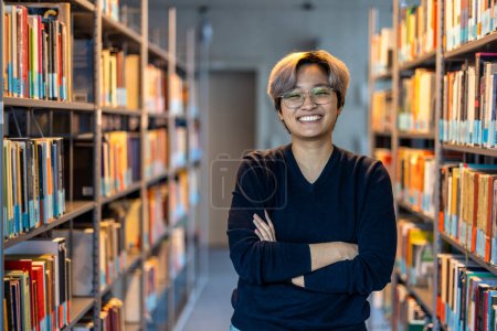 Téléchargez les photos : Portrait d'étudiant asiatique souriant debout avec les bras croisés dans la bibliothèque du collège - en image libre de droit