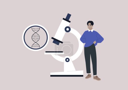 Téléchargez les illustrations : Code numérique ADN sous le microscope, la biotechnologie et le piratage biologique, un jeune scientifique asiatique présentant une découverte - en licence libre de droit