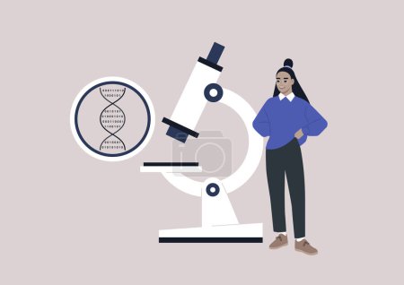 Téléchargez les illustrations : Code numérique ADN au microscope, biotechnologie et piratage biologique, une jeune scientifique asiatique présentant une découverte - en licence libre de droit