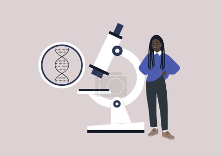 Téléchargez les illustrations : Code numérique ADN au microscope, biotechnologie et piratage biologique, une jeune scientifique africaine présentant une découverte - en licence libre de droit