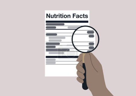 Ilustración de Una mano que se acerca en una etiqueta de información nutricional con una lupa, alimentación saludable - Imagen libre de derechos