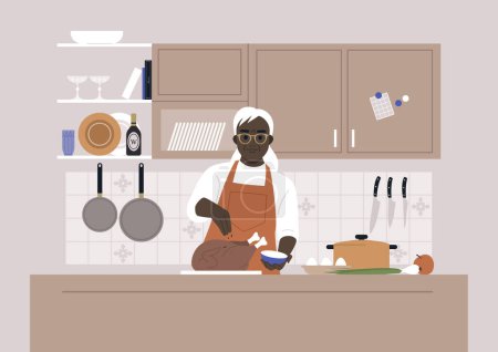 Ilustración de Día de Acción de Gracias, un personaje africano femenino mayor cocinando un pavo asado en una cocina - Imagen libre de derechos