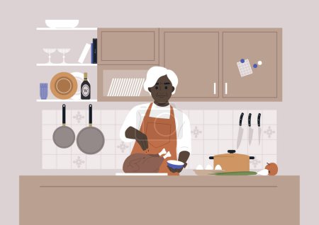 Ilustración de Día de Acción de Gracias, un personaje africano femenino mayor cocinando un pavo asado en una cocina - Imagen libre de derechos