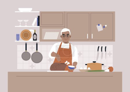 Ilustración de Día de Acción de Gracias, un hombre mayor de raza caucásica cocinando un pavo asado en una cocina - Imagen libre de derechos