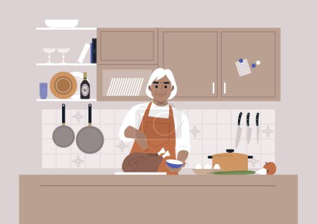 Ilustración de Día de Acción de Gracias, una mujer mayor de raza caucásica cocinando un pavo asado en una cocina - Imagen libre de derechos