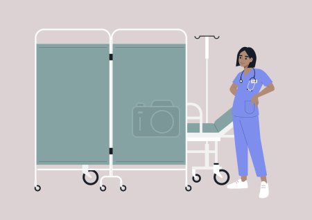 Téléchargez les illustrations : Une cloison d "écran d'hôpital sur roues, un lit médical derrière un séparateur de pièce, un jeune médecin portant un uniforme - en licence libre de droit