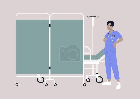 Téléchargez les illustrations : Une cloison d "écran d'hôpital sur roues, un lit médical derrière un séparateur de pièce, un jeune médecin portant un uniforme - en licence libre de droit