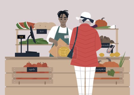 Illustration for A young male African cashier at the farmers market serving a Senior lady, fruits and vegetables in wooden crates - Royalty Free Image