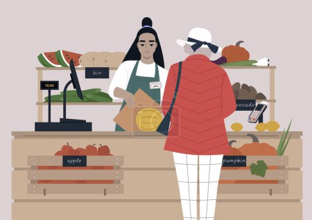 Illustration for A young female Asian cashier at the farmers market serving a Senior lady, fruits and vegetables in wooden crates - Royalty Free Image