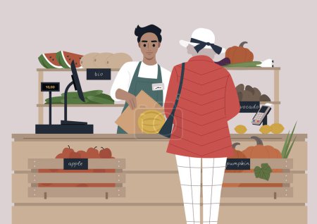 Illustration for A young male Caucasian cashier at the farmers market serving a Senior lady, fruits and vegetables in wooden crates - Royalty Free Image