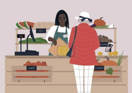 Illustration for A young female African cashier at the farmers market serving a Senior lady, fruits and vegetables in wooden crates - Royalty Free Image