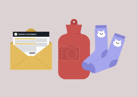 Illustration for Saving energy set, a utility bill, a hot water bottle, and a pair of warm socks to reduce the electricity consumption - Royalty Free Image