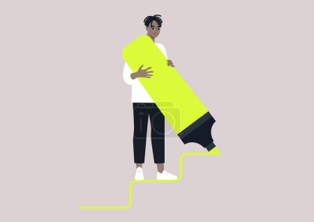 Illustration for Young male African character drawing staircase steps with a huge neon yellow highlighter, ambitions and careerism - Royalty Free Image