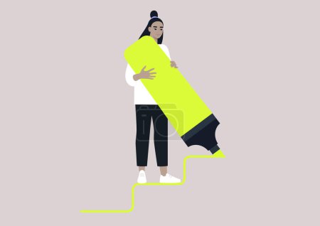 Illustration for Young female Asian character drawing staircase steps with a huge neon yellow highlighter, ambitions and careerism - Royalty Free Image