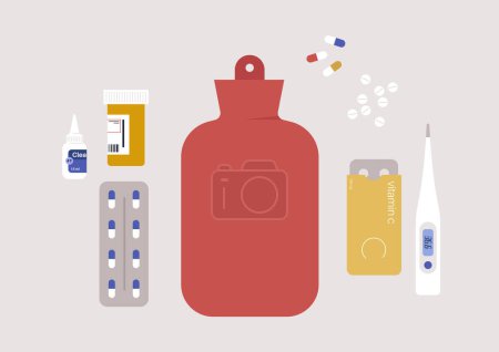 Illustration for A set of drugs in the form of pills, drops, capsules, a red rubber hot water bottle - Royalty Free Image