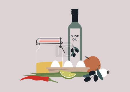 Olivenöl in Glasflasche, Eier, Gemüse, Früchte und Gewürze, ein Kochthema