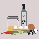 Olive oil in glass bottle, eggs, vegetables, fruits, and spices, a cooking theme
