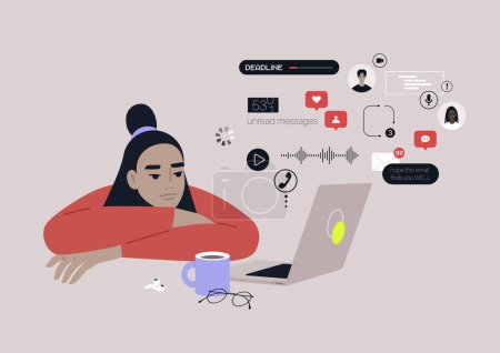 Ilustración de Una joven asiática rebosante de notificaciones en línea, mensajes, llamadas, correos electrónicos, reacciones en las redes sociales y otras actividades digitales - Imagen libre de derechos