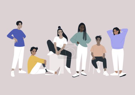 Illustration for A group of young diverse characters gathered together, casual attire and candid poses - Royalty Free Image