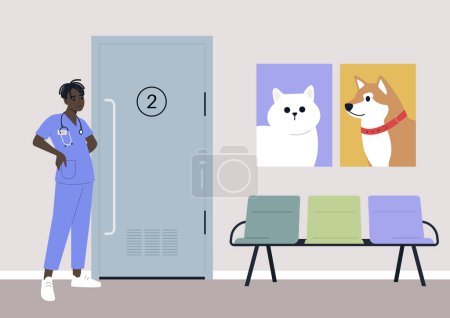 Illustration for A young male African veterinary doctor waiting for visitors in the lobby, domestic animals health care - Royalty Free Image
