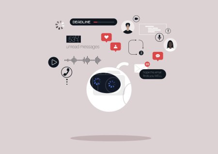 Illustration for Cute round robot with freezed eyes, no response concept A cloud of pop up online notifications, messages, calls, emails, social media reactions, and other digital activities - Royalty Free Image