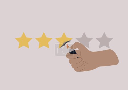 Negative review, A hand destroying a star rating with a lighter, reputational risks