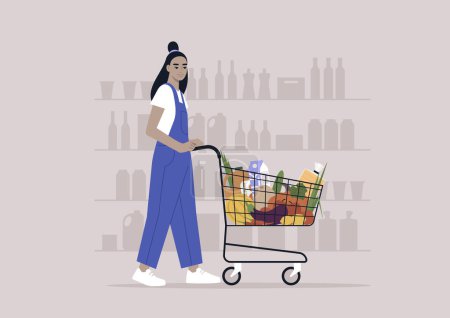 Illustration for A young female Asian character in denim overalls pushing a grocery cart in a supermarket - Royalty Free Image