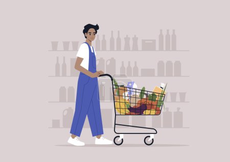 Illustration for A young male Caucasian character in denim overalls pushing a grocery cart in a supermarket - Royalty Free Image