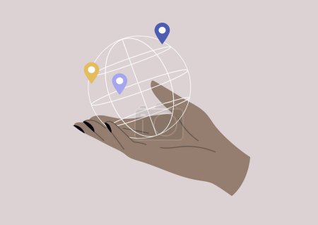 Ilustración de Un equipo de navegación, una mano aislada sosteniendo un globo con punteros de localización GPS en él - Imagen libre de derechos