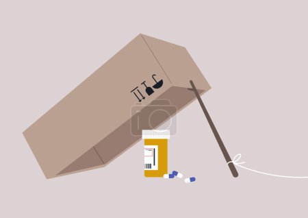 Ilustración de Una trampa de caja y palo, un mecanismo utilizado para atrapar vivo, adicción a los medicamentos, píldoras antidepresivas - Imagen libre de derechos