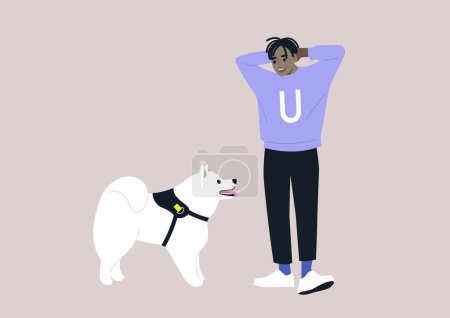 Illustration for A young male African pet owner and their samoyed dog looking at each other, friendship with animals - Royalty Free Image