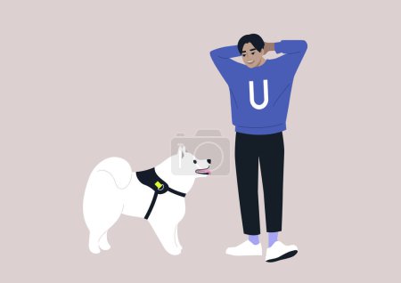 Illustration for A young male Asian pet owner and their samoyed dog looking at each other, friendship with animals - Royalty Free Image