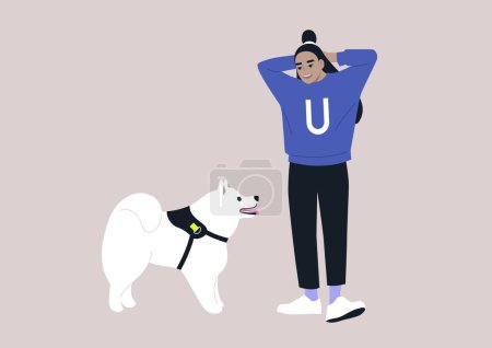 Illustration for A young female Asian pet owner and their samoyed dog looking at each other, friendship with animals - Royalty Free Image