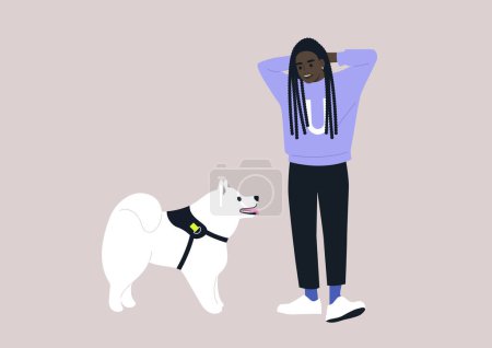 Illustration for A young female African pet owner and their samoyed dog looking at each other, friendship with animals - Royalty Free Image