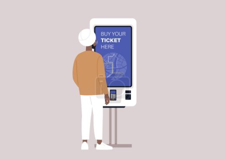 Illustration for A young indian sikh man using a self-service ticket machine, a daily commute concept, urban transportation system - Royalty Free Image