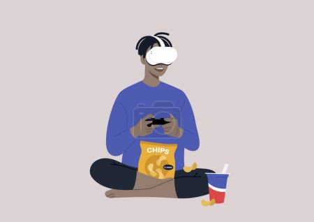 Illustration for A young male African character wearing a VR headset, playing a video game console, and munching snacks, a wireless entertainment technology, modern lifestyle - Royalty Free Image