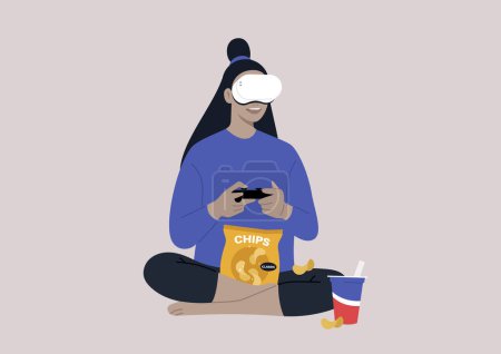Ilustración de Un joven personaje femenino con auriculares VR, jugando a una consola de videojuegos y comiendo bocadillos, una tecnología de entretenimiento inalámbrico, estilo de vida moderno - Imagen libre de derechos