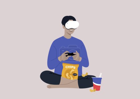 Ilustración de Un joven personaje masculino con auriculares VR, jugando a una consola de videojuegos y comiendo bocadillos, una tecnología de entretenimiento inalámbrico, estilo de vida moderno - Imagen libre de derechos