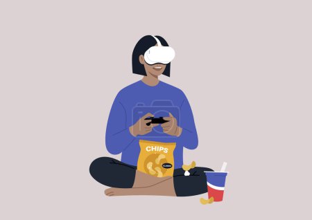 Ilustración de Un joven personaje femenino con auriculares VR, jugando a una consola de videojuegos y comiendo bocadillos, una tecnología de entretenimiento inalámbrico, estilo de vida moderno - Imagen libre de derechos