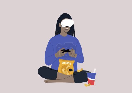 Ilustración de Un joven personaje africano femenino con auriculares VR, jugando a una consola de videojuegos y comiendo bocadillos, una tecnología de entretenimiento inalámbrico, estilo de vida moderno - Imagen libre de derechos