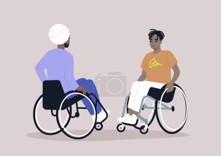 Téléchargez les illustrations : Deux personnes en fauteuil roulant bavardant occasionnellement, routine quotidienne - en licence libre de droit