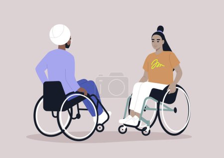 Two wheelchair users casually chatting, daily routine