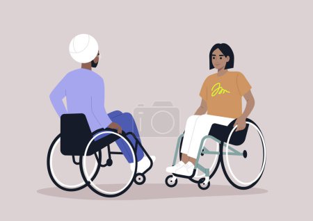 Dos usuarios de silla de ruedas conversando casualmente, rutina diaria