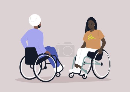 Ilustración de Dos usuarios de silla de ruedas conversando casualmente, rutina diaria - Imagen libre de derechos