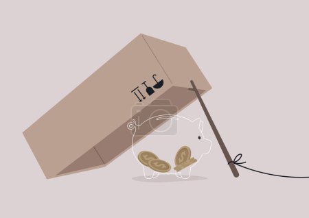 Ilustración de Una trampa de caja y palo, un mecanismo utilizado para atrapar vivo, una alcancía utilizada como señuelo - Imagen libre de derechos